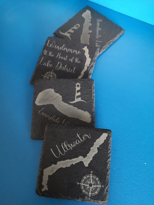 4 Pack slate coasters engraved Lake District art. Laser engraved gift idea for family friends and loved ones.