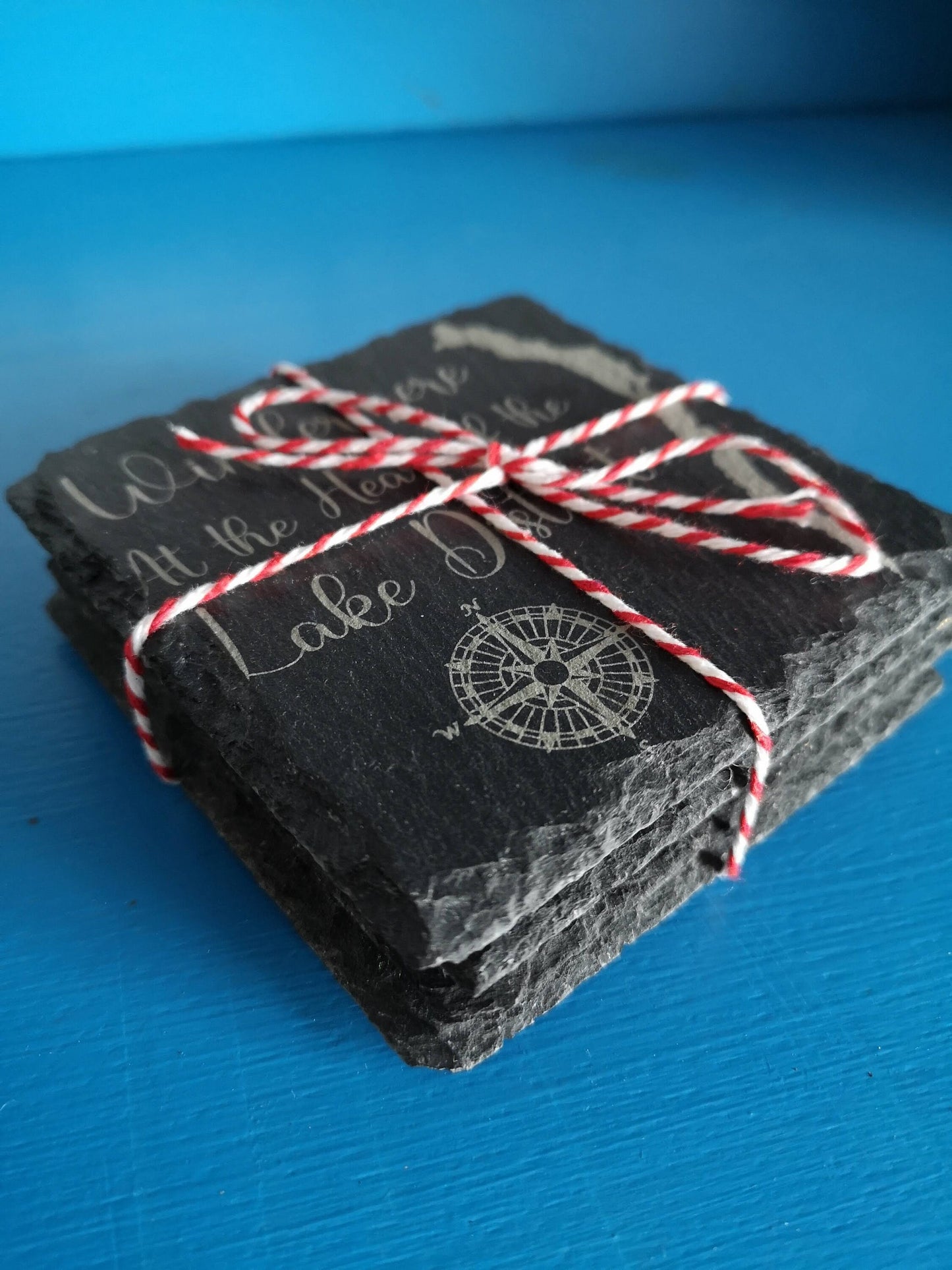 4 Pack slate coasters engraved Lake District art. Laser engraved gift idea for family friends and loved ones.