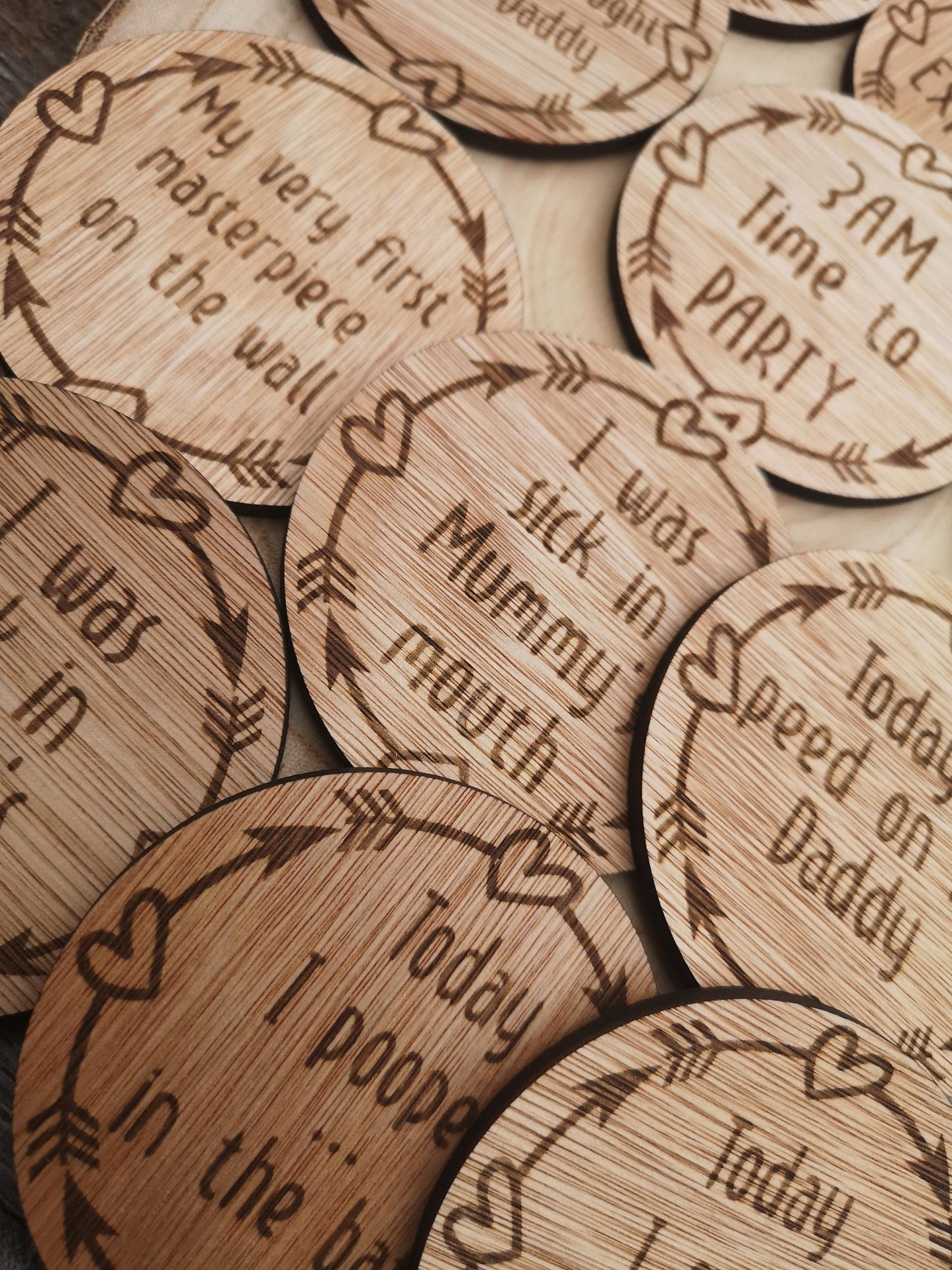 Funny Wooden Baby Milestone Disc Set - for Baby's First Worst Milestones, Moments, Events and Meltdowns - Never forget when they peed on you