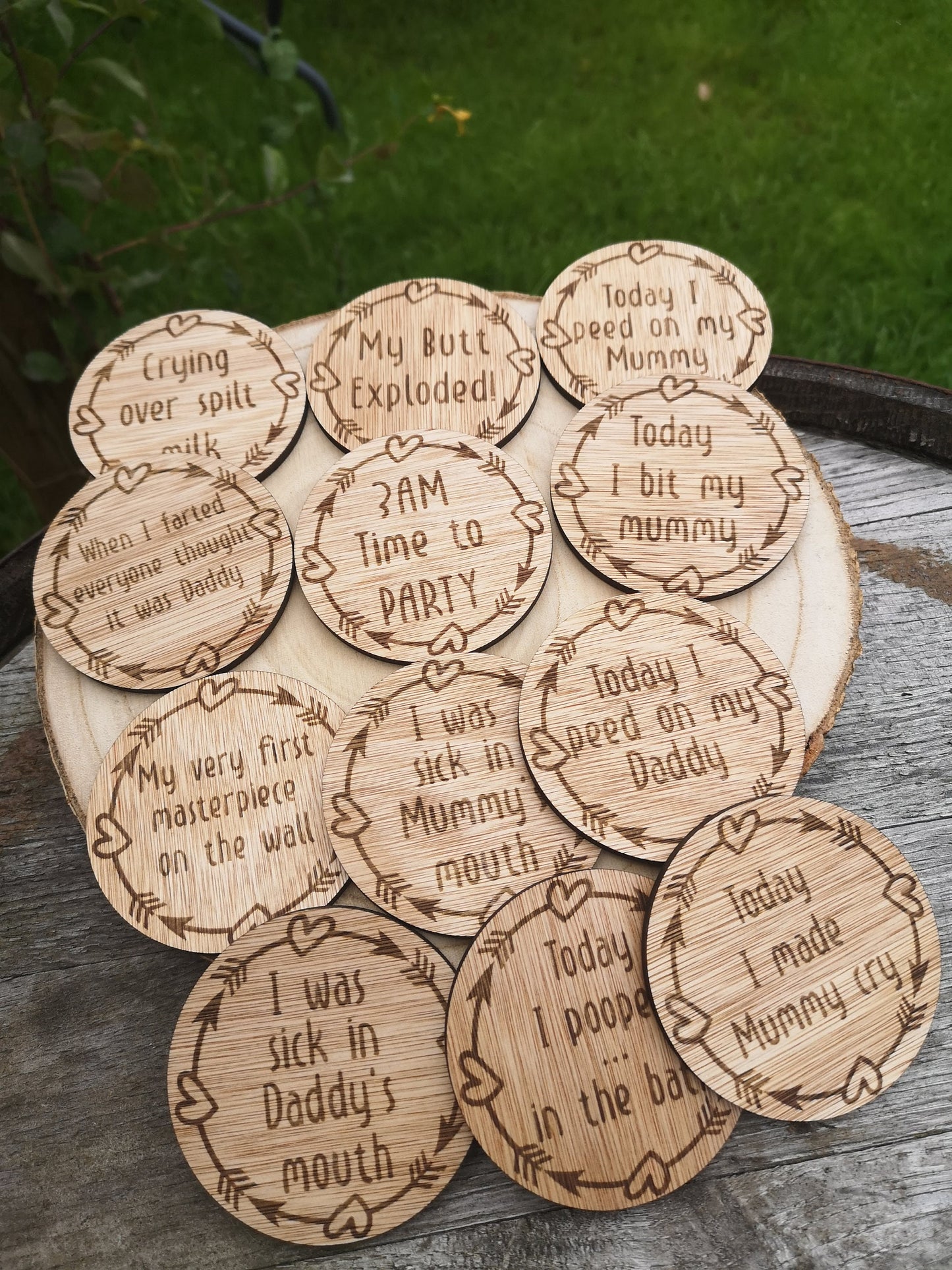 Funny Wooden Baby Milestone Disc Set - for Baby's First Worst Milestones, Moments, Events and Meltdowns - Never forget when they peed on you