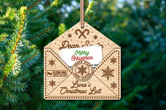 Christmas list envelope, personalised wooden Christmas tree decoration. Let your kids send a letter to Santa this Christmas.