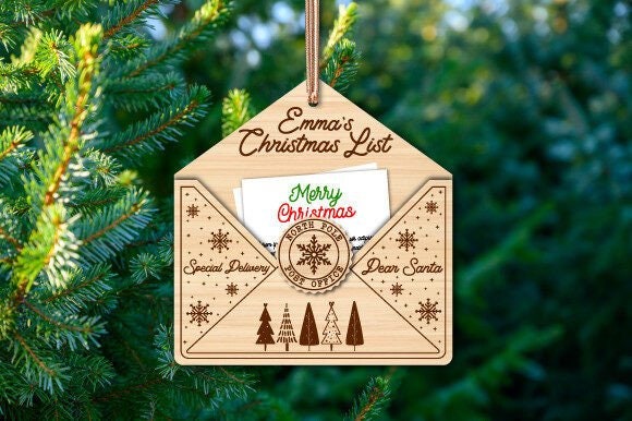 Christmas list envelope, personalised wooden Christmas tree decoration. Let your kids send a letter to Santa this Christmas.