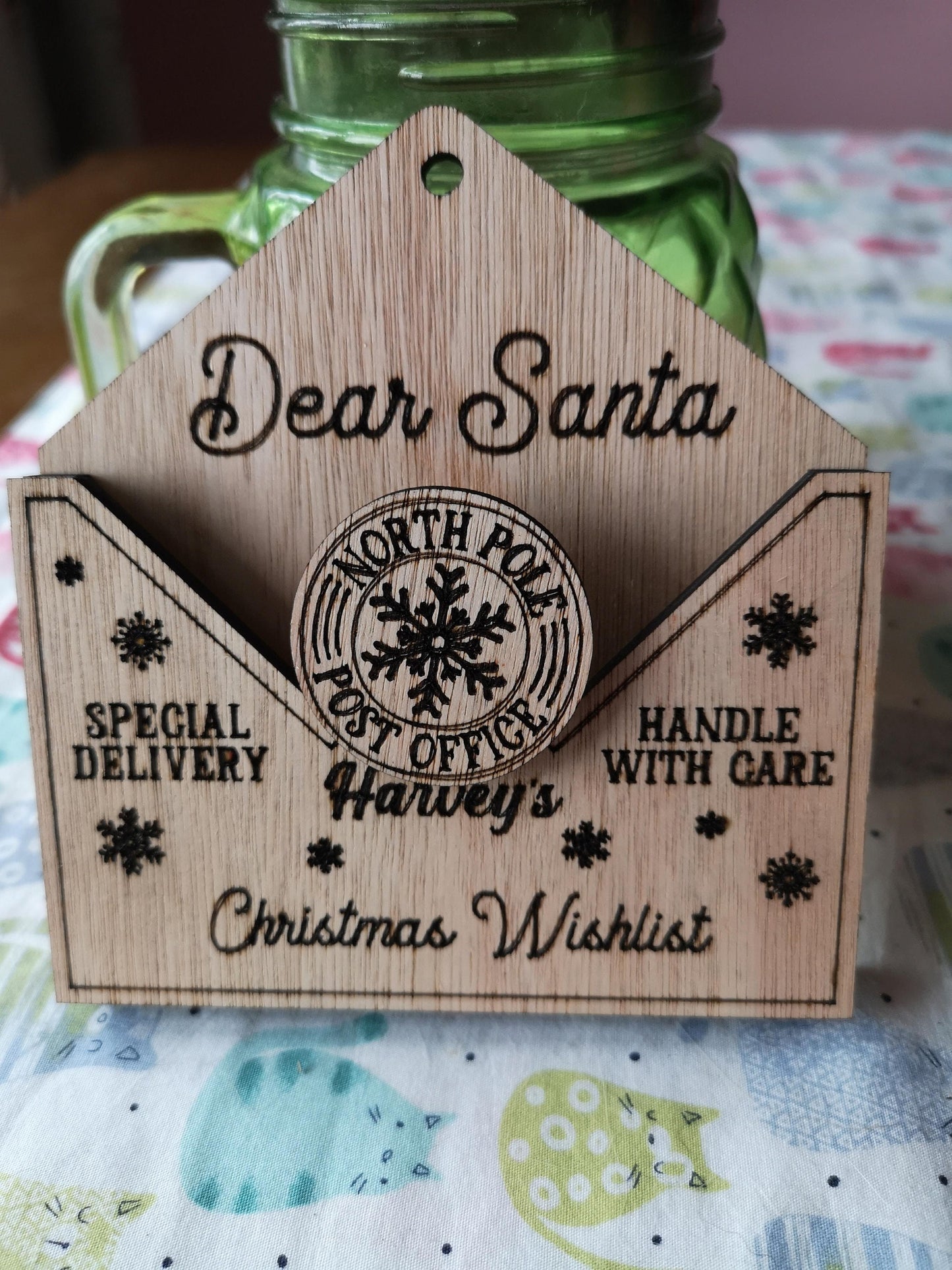 Christmas list envelope, personalised wooden Christmas tree decoration. Let your kids send a letter to Santa this Christmas.