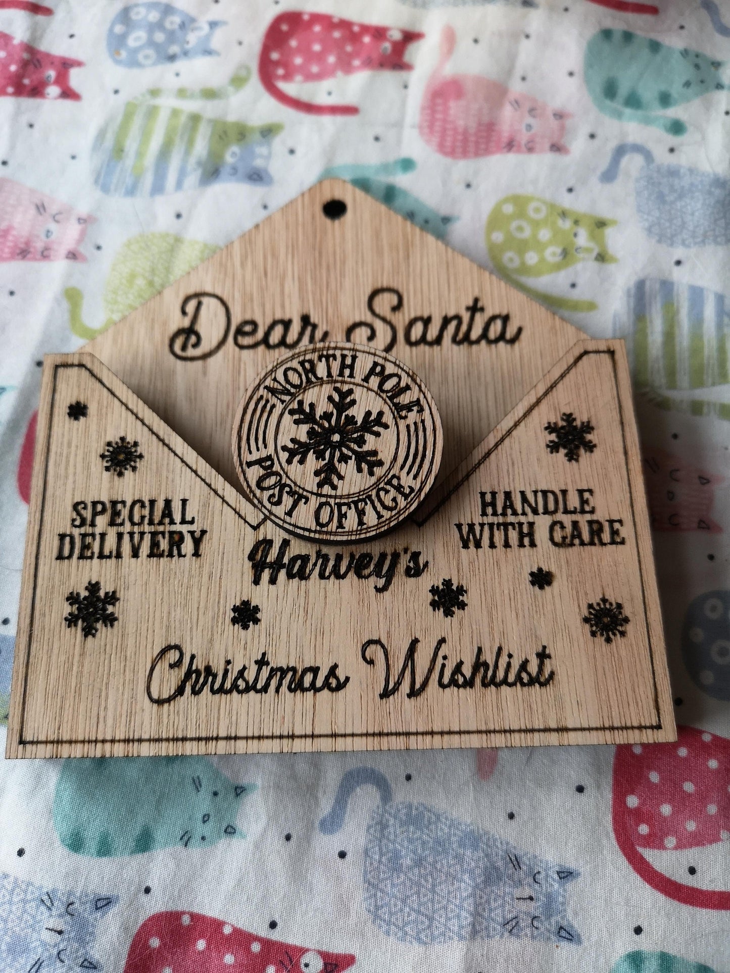 Christmas list envelope, personalised wooden Christmas tree decoration. Let your kids send a letter to Santa this Christmas.